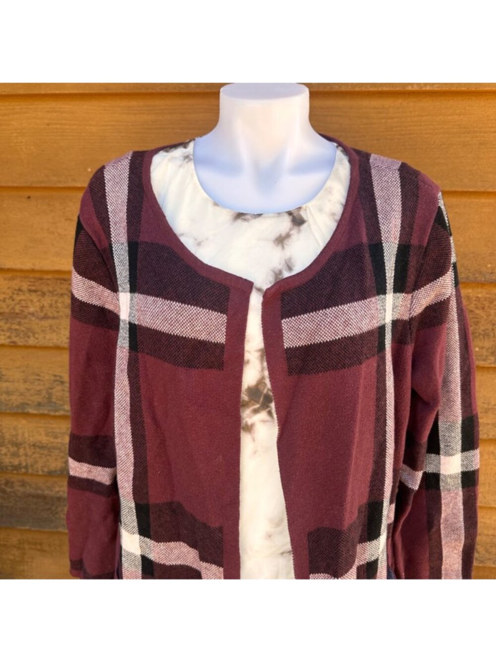 Plaid Open Front Cardigan Jacket By Elle Size XL Burgundy & Black Tones - Picture 4 of 8